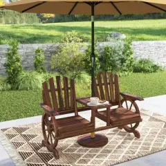 Outsunny Wooden Garden Bench with Table, Umbrella Hole, 2-Seat Wagon Wheel Outdoor Bench, High Backrest, Armrests for Backyard, Patio