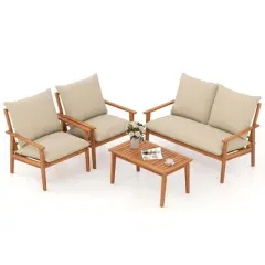 Costway 4 PCS Acacia Wood Patio Furniture Set with Soft Cushions and Coffee Table