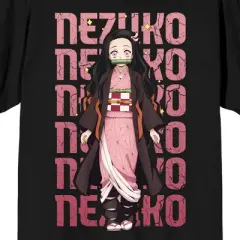 Demon Slayer Nezuko Repeat Text Crew Neck Short Sleeve Men's Black T-shirt