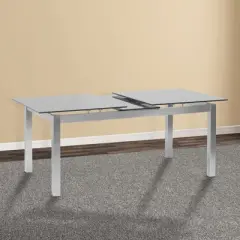 IvanExtendable Dining Table in Brushed Stainless Steel and Gray Tempered Glass Top - Armen Living