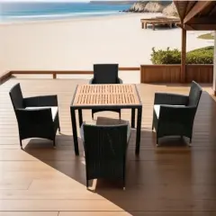 FIONECA 5-Piece Outdoor Patio Wicker Dining Set with Acacia Wood Tabletop, Black Rattan and Creme Cushions
