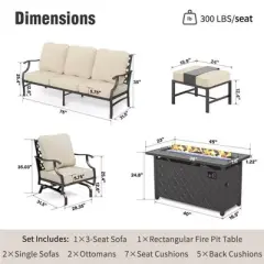 Captiva Designs 6pc Metal Patio Outdoor Conversation Fire Pit Set with Rocking Grid-back Armchairs and Ottomans for Garden, Poolside, Backyard