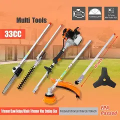 10 in 1 Multi-Functional Trimming Tool, 33CC 2-Cycle Garden Tool System with Gas Pole Saw, Hedge Trimmer, Grass Trimmer, and Brush Cutter