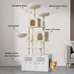 Cat Tree with Litter Box Enclosure 76 Inch Large 2 In1 Cat Tower Condo with Scratching Post, Dangling Balls, Backet & Top Perch