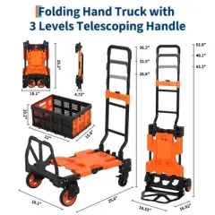 Folding Hand Truck, 2-in-1 Convertible Dolly Cart with Storage Basket, 330LB Capacity, 4 Wheels, Retractable Handle for Moving, Green