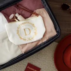 Gold Initial D Personalized Makeup Bag for Women, Monogrammed Canvas Cosmetic Pouch (White, 10 x 3 x 6 In)