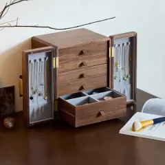 Luxury Wooden Jewelry Armoire Box with Dual Doors, Textured Handle, Ideal Organizer Gift for Women