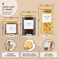 Talented Kitchen 6 Pack Square Glass Containers with Bamboo Lids & Preprinted Labels for Organizing (24 fl.oz, 37 fl.oz., 51 fl.oz.)
