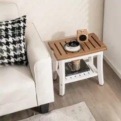 Costway 20'' x 13'' Heavy Duty Waterproof HDPE Shower Bench 2-Tier Bath Spa Stool Off White & Brown