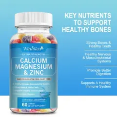 Mulittea Calcium Magnesium Zinc Gummies with Vitamin D3 &ndash; Bone, Nerve & Immune Support for Adults - 60ct