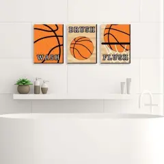 Big Dot of Happiness Nothin' but Net - Basketball - Kids Bathroom Rules Wall Art - 7.5 x 10 inches - Set of 3 Signs - Wash, Brush, Flush