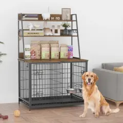 Dog Crate Furniture with Storage Shelves, Removable Tray, Double Doors Modern Dog Crate with Two Adjustable Stainless Steel Bowls