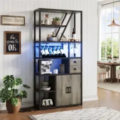 Wine Bar Cabinet with LED Lights & Power Outlets, Tall Coffee Bar Station with Wine Rack, Microwave Stand for Kitchen, Living Room