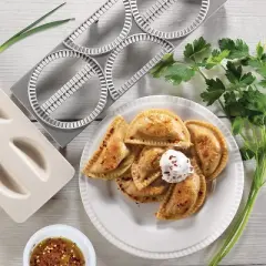 CucinaPro Pierogi maker w Tray and Press - Makes 6 Pierogis  Dumplings  or Potstickers at Once - Stainless Steel  Durable Construction