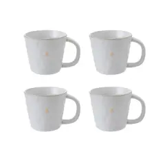 Storied Home 10-Ounce Debossed Stoneware Mug with Trees and Gold Electroplating in Reactive Glaze, White, Set of 4