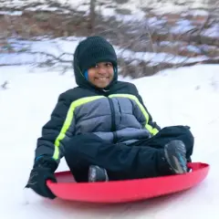 GoSports 29 Inch Heavy-Duty Winter Snow Saucer with Padded Seat and Hand Pull Strap - 2 Pack, Red and Blue