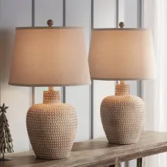 Regency Hill Glenn Rustic Farmhouse Table Lamps 27" Tall Set of 2 Dappled Sandy Beige Oatmeal Fabric Drum Shade for Bedroom Living Room Bedside Office