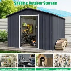 TROPOW 8x15 FT Outdoor Storage Shed, Metal Garden Shed with Lockable Door, and Sloped Roof, Utility Metal Tool Storage Sheds for Backyard, Gray