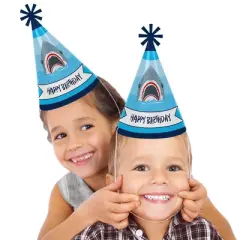 Big Dot of Happiness Shark Zone - Cone Jawsome Shark Happy Birthday Party Hats for Kids and Adults - Set of 8 (Standard Size)