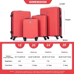 SEVOBAL Luggage 4 Piece ABS Lightweight Suitcase Set with TSA Lock Rotating Wheels for Travel, Red, 20.2"*11.5"*30.15"
