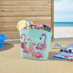 Mina Victory Flamingo Turquoise Beach Tote Bag