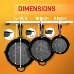 NutriChef Heavy Duty Non Stick Pre Seasoned Cast Iron Skillet Frying Pan 3 Piece Set Includes 8-Inch, 10-Inch, 12-Inch Pans, with Silicone Handles