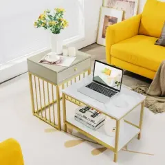 Costway Set of 2 Nesting Coffee Table Drawer Shelf Modern Sofa Side Table Steel Frame