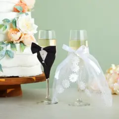 Sparkle and Bash Set of 2 Mr. & Mrs. Wedding Toasting Glasses, Bride and Groom Champagne Flutes in Lace Dress Tuxedo