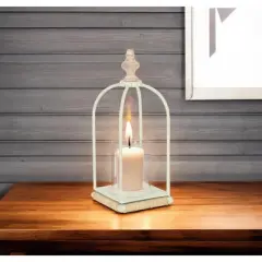 HomeRoots 14" White Metal With Wood And Rope Tabletop Lantern Candle Holder