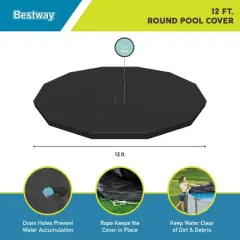 Bestway Flowclear PVC Round 12 Foot Pool Cover for Above Ground Frame Pools with Drain Holes and Secure Tie-Down Ropes, Black (Cover Only)