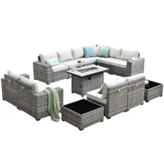 Marlton 13pc Wicker Outdoor Patio Furniture Set Conversation Sofa Set with a Rectangle Fire Pit and Cushions