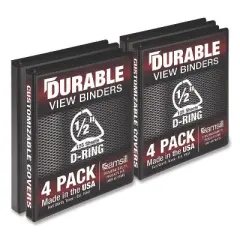 Samsill Durable D-Ring View Binders, 3 Rings, 0.5" Capacity, 11.5" x 8.5", Black, 4/Pack