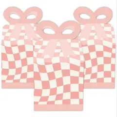 Big Dot of Happiness Pink Checkered Party - Square Favor Gift Boxes - Bow Boxes - Set of 12