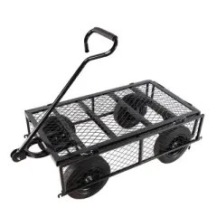 FURNIinspire Wheelbarrows And Lawn Carts Solid Wheels Tools Cart Wagon Cart, Metal Lawn Cart For Picnic, Shopping, Black, 37&ldquo;*19"*45"