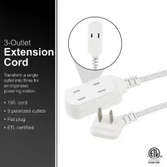 GE 3-Outlet Polarized Extension Cord 15' Braided White/Gray