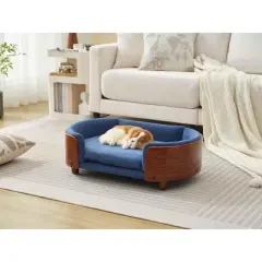 Scandinavian Style Medium-sized Dog Pet Sofa with Solid Wood Legs, Curved Walnut Wooden Back, Velvet Cushion in Dark Blue
