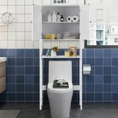 Costway Over The Toilet Storage Cabinet Double Door Bathroom Organizer Adjustable Shelf