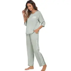 cheibear Womens Satin Sleepwear Lounge with Pants Nightwear 3/4 Sleeves Pajama Set