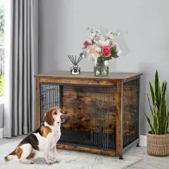 Tangkula Wooden Dog Crate Furniture with Pad Bed Double Doors Dog Kennel End Table