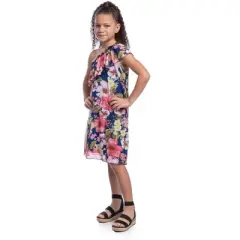 24seven Comfort Apparel Girls Blue Floral One Shoulder Ruffle Knee Length Dress