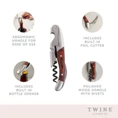 Twine Country Home Double Hinged Wood Corkscrew, Rosewood Inlay Wine Key, Bar Tool, Wine Opener, 4.75"