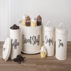 Amici Home Maddox Collection Cream & Gold Speckled Metal Canister Push Top Lid, Painted Script Decal, 44 Ounce Capacity