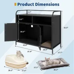 Multi-Function Cat Washroom Furniture with Barn Door, Dog Proof Feline Litter Box Enclosure with Hidden Litter Box Cover, Wooden Kitty House