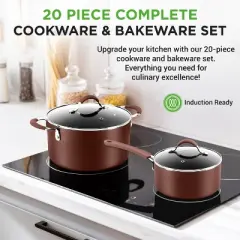 NutriChef 20-Pc. Nonstick Kitchen PTFE/PFOA/PFOS-Free Heat Resistant Silicone Handles Cookware Bakeware Set w/Saucepan, Brown