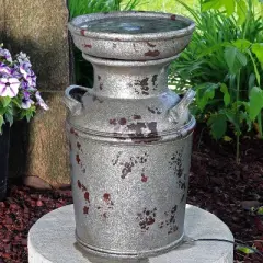 Sunnydaze 20"H Electric Polystone Farmhouse Vintage Milk Can Birdbath Outdoor Water Fountain with LED Lights
