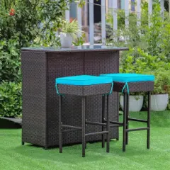 Tangkula 3PCS Patio Wicker Rattan Bar Set Table w/2 Turquoise Cushioned Stools