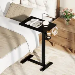 Costway C Shaped Side Table Height Adjustable Overbed Bedside Table with Hook & Cup Holder Black/Natural/White