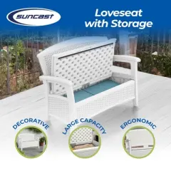 Suncast Elements Stylish Lightweight Loveseat Outdoor Seating with Convenient Built In Universal Storage, and All Weather Plastic
