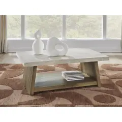 Signature Design by Ashley Brendalhouse Coffee Table - Light Brown Wood with Faux Cement Top, Rolling Casters, Bottom Shelf Storage