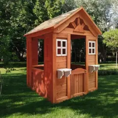 All Wooden Kids Playhouse with 2 windows and flowerpot holder,42"Lx46"Wx55"H,Golden Red